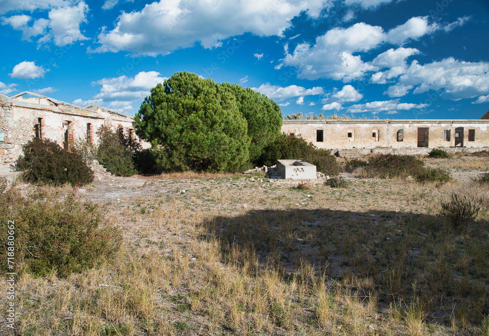Old Carabinieri barracks, a place of historical interest near Barcelona, on the Llobregat beach.