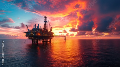 A panoramic view of an oil rig at dawn, with workers starting their shift, the silhouette of the structure against the awakening sky, and the reflection on the calm sea