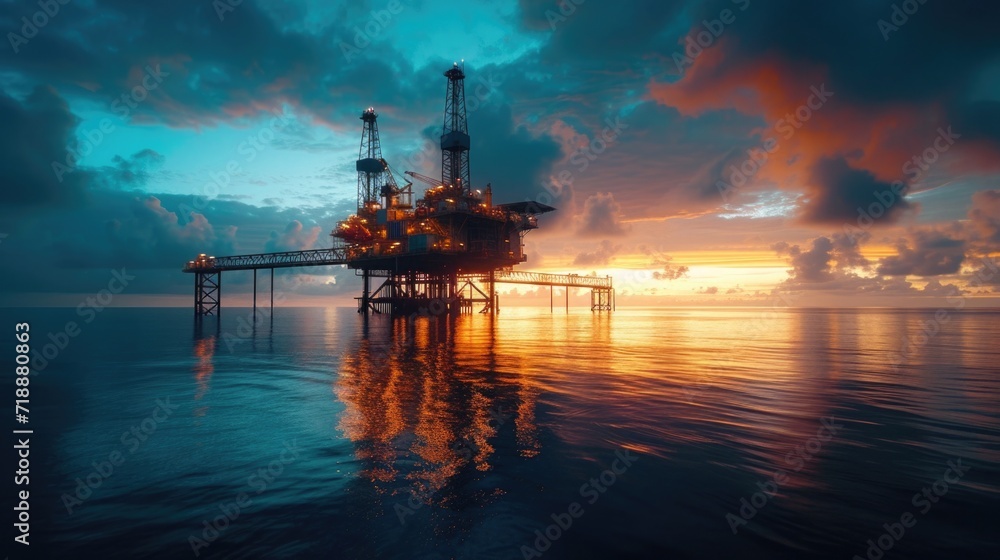 A panoramic view of an oil rig at dawn, with workers starting their shift, the silhouette of the structure against the awakening sky, and the reflection on the calm sea