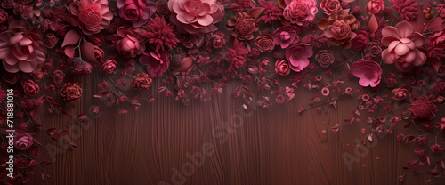 Elegant maroon floral wallpaper, ideal for festive greeting cards and wedding invitations. Luxurious flower background. photo