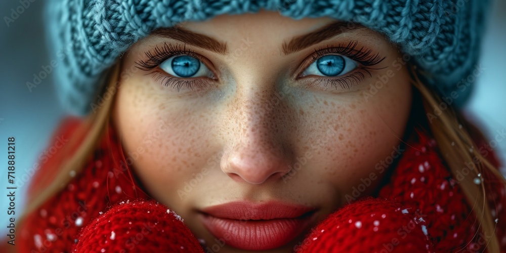Close-up portrait of a young woman, highlighting her striking beauty, stylish makeup and expressive eyes.