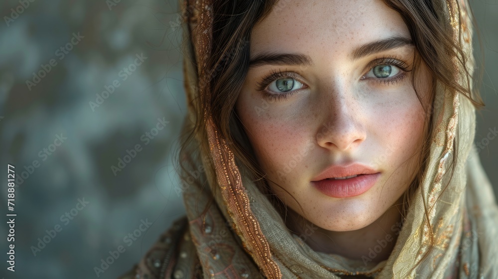 Biblical character. Close up portrait of a woman with a shawl looking at camera. Biblical character. Close up portrait of a woman with a shawl looking at camera.