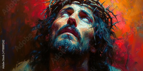 Vintage religious artwork: Christian face on church background, image of Jesus Christ, pain and spirituality of the crucifixion. photo