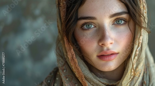 Biblical character. Close up portrait of a woman with a shawl looking at camera.