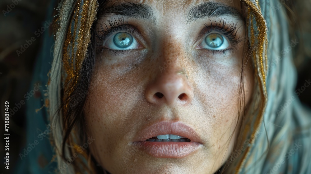 Biblical character. Emotional close up portrait of a woman with blue eyes in a veil looking up. Biblical character. Emotional close up portrait of a woman with blue eyes in a veil looking up.