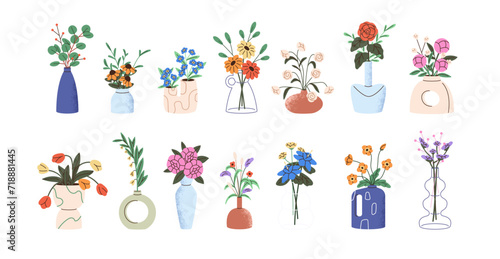 Different vases with flowers set. Peony bouquet in pottery pot. Rose in glass pitcher. Green, dried plants in modern flowerpots. Floral interior decoration. Flat isolated vector illustration on white