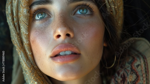 Biblical character. Emotional close up portrait of a woman with blue eyes in a veil looking up. 