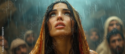 Biblical character. Emotional close up portrait of young woman looking up under the rain. photo
