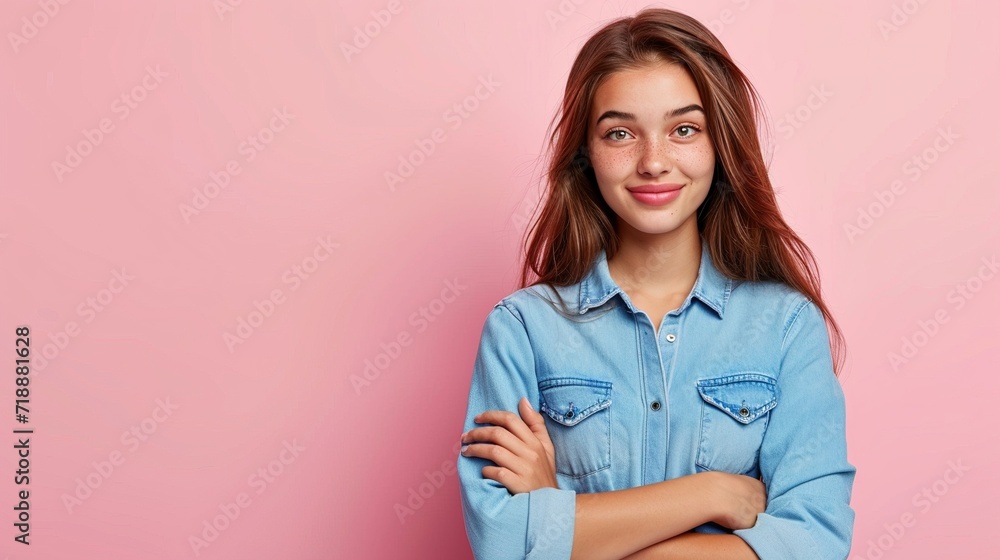 Photo of nice satisfied gorgeous girl with straight hairstyle dressed blue shirt hold hands folded isolated on pink color background Photo of nice satisfied gorgeous girl with straight hairstyle dressed blue shirt hold hands folded isolated on pink color background