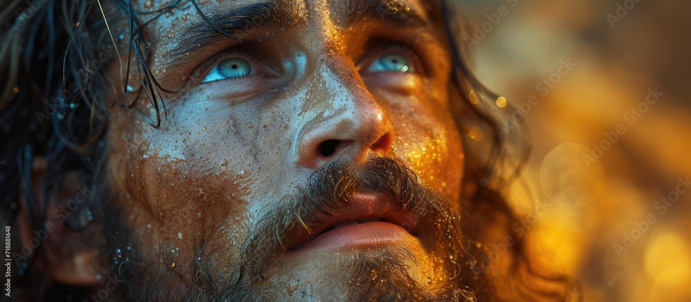 Biblical character. Emotional close-up portrait of a man with a beard and long hair looking up. Biblical character. Emotional close-up portrait of a man with a beard and long hair looking up.