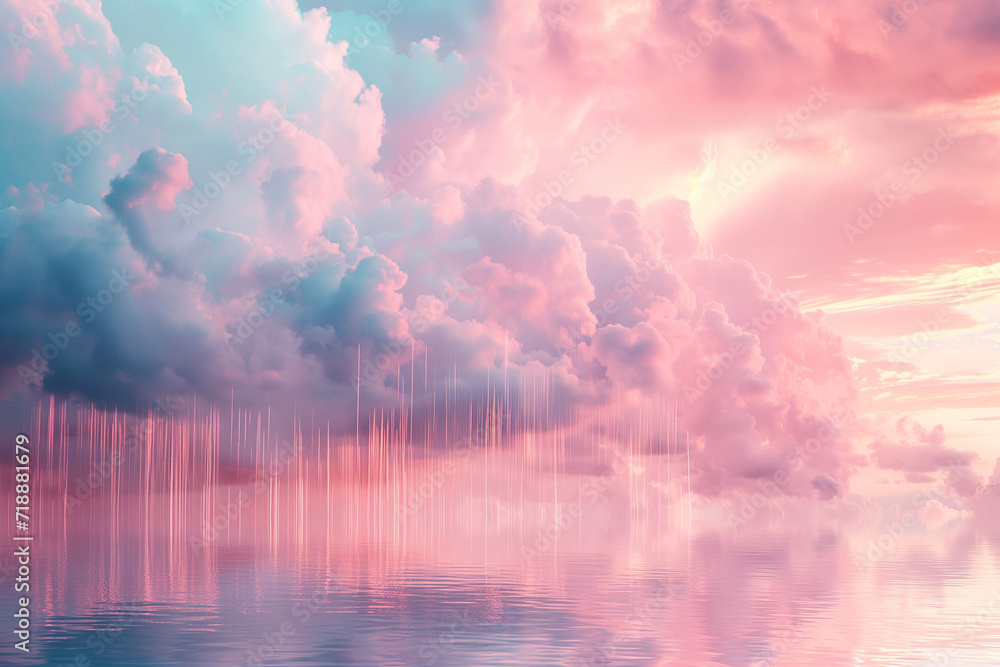 Surreal pink cloudscape with serene water reflections, an ethereal backdrop for meditation and wellness apps Surreal pink cloudscape with serene water reflections, an ethereal backdrop for meditation and wellness apps