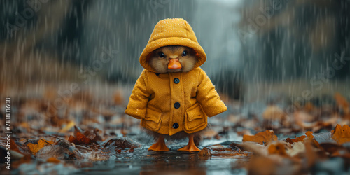 Süße Ente mit Regenschirm und Regenkleidung im Regen schaut traurig als Cartoons, ai generativ photo