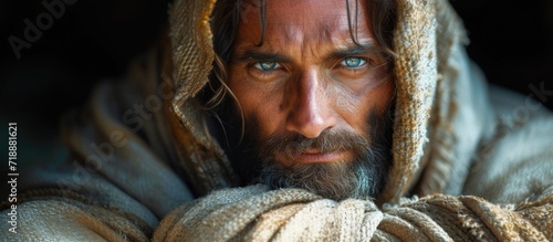 Biblical character. Close-up portrait of a serious man with a beard and shawl looking at camera.