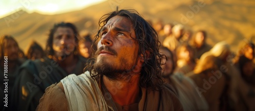 Biblical character. Close-up portrait of a man with a beard and long hair in the desert. Selective focus.