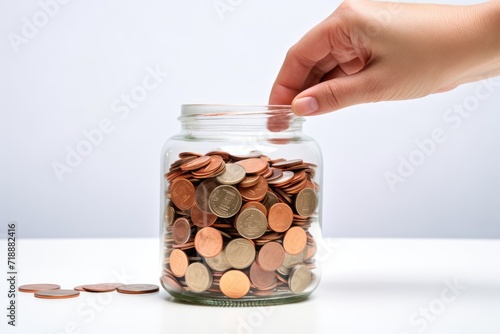 Womans hand saving money in clear jar for business investment growth.