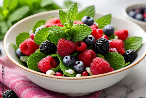 A bowl of refreshing mixed berry salad with mint