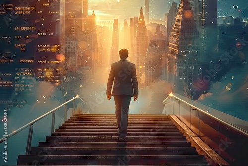 Concept of determined businessman on ascent to success symbolized by climbing staircase. Imagery of light cityscapes and stairs evoke sense of progress and ambition © Thares2020