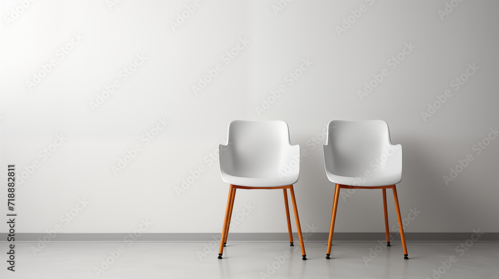 Two Modern armchairs, design of home with gray wall in scandinavian style, flat lay, free space, indoor. Simple interior of living room, bedroom or cabinet. Two Modern armchairs, design of home with gray wall in scandinavian style, flat lay, free space, indoor. Simple interior of living room, bedroom or cabinet.