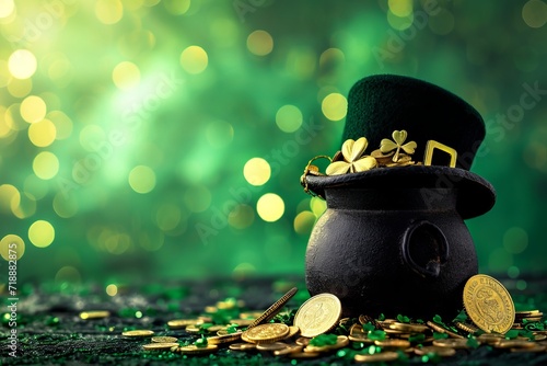 Black pot full of gold coins , leprechaun hat and clover on a bokeh background with a copy space. AI generative