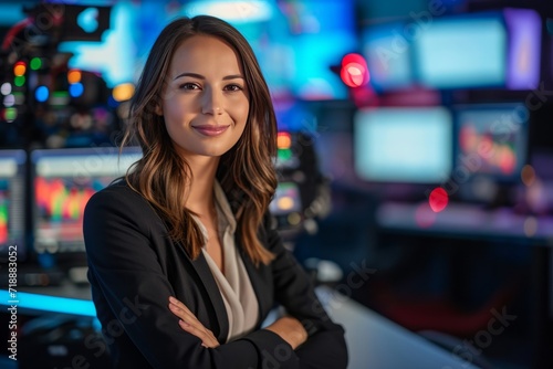 A female TV news anchor in a studio. AI generative