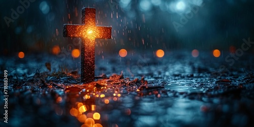 Illuminated Cross in the Rain Generative AI