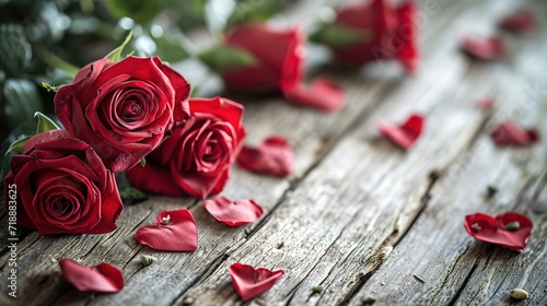 Roses and a hearts on wooden board  Valentines Day background  wedding day