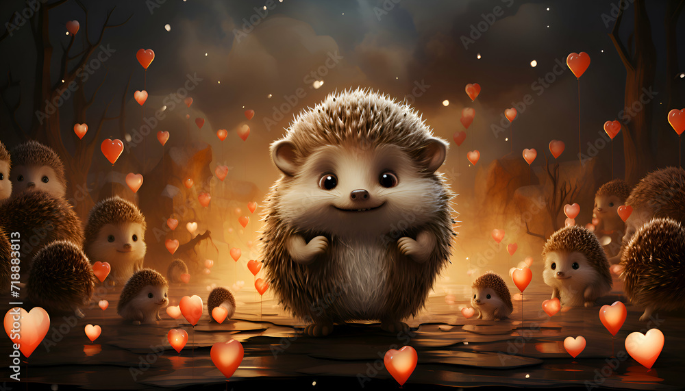 Cute hedgehog in love surrounded by hearts. 3d illustration