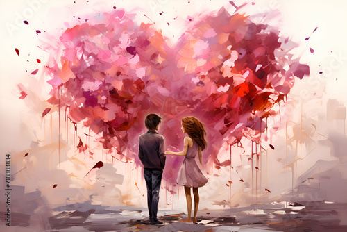 Young couple in love looking at each other on abstract background with hearts