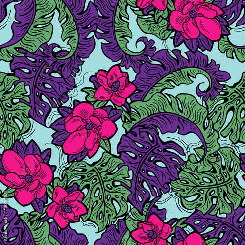 Tropical plant leaves pattern for textile design, fabric print, wallpaper, digital paper. Palm tree leaf background, jungle vintage style, hand drawn illustration for cafe, spa hotel decoration.