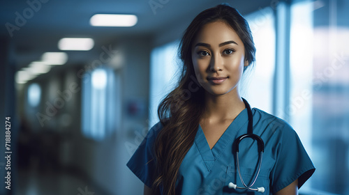 Portrait of confident Asian doctor woman standing with stethoscope and uniform in hospital coridor.