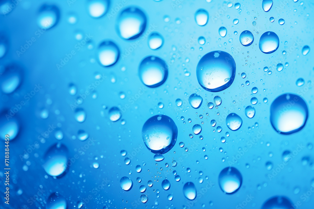 Water drops on blue surface. Abstract blue texture background.