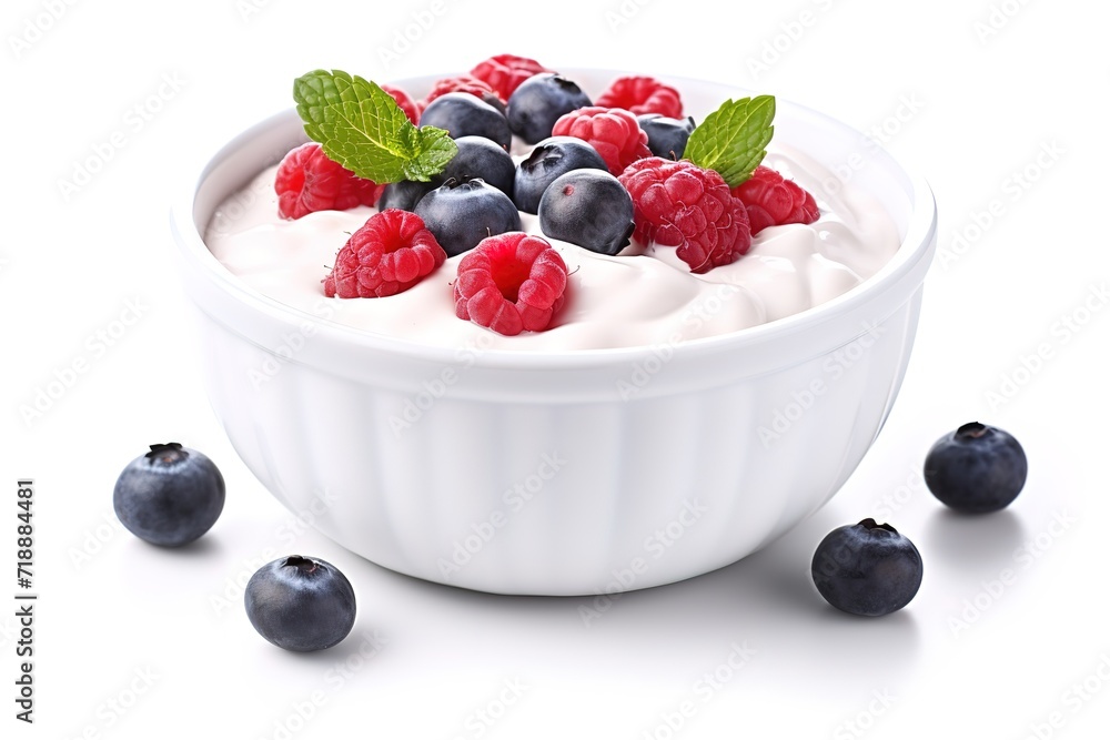yogurt with berries and blueberries on white background. generative Ai yogurt with berries and blueberries on white background. generative Ai