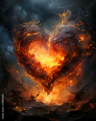 Fiery heart on a dark background. Fire in the form of a heart.