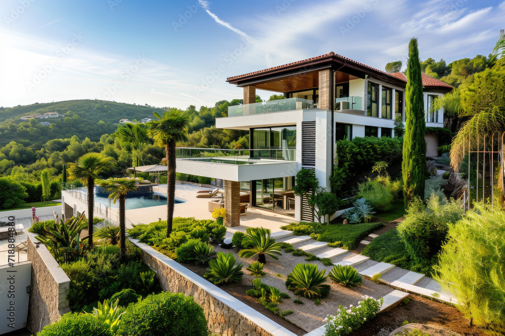 high view of a modern house in beautiful mediterranian garden