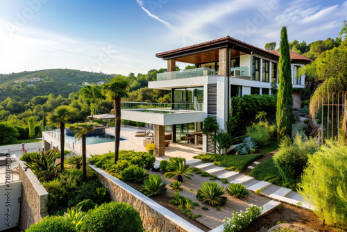 high view of a modern house in beautiful mediterranian garden