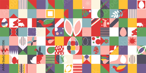 Modernism style  Easter holiday abstract geometric pattern, wallpaper, web, banner. Happy Easter celebration print festive design cover with rabbit, easter bunny and eggs, Retro vector ornament