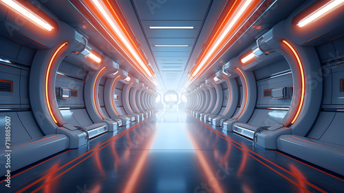 A 3d rendering of a tunnel with orange lights and the word star wars on the bottom
