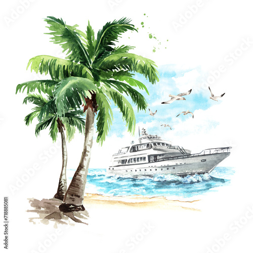 Sea boat  yacht on the waves near the tropical beach. Hand drawn watercolor illustration  isolated on white background