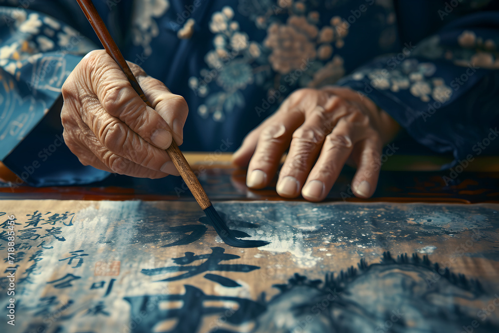 A close-up photograph of a skilled calligrapher's hands creating elegant Chinese characters A close-up photograph of a skilled calligrapher's hands creating elegant Chinese characters