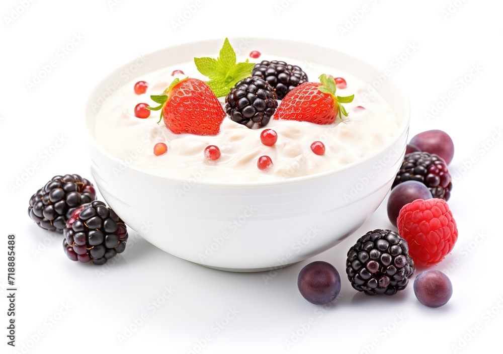 yogurt with raspberries and strawberry on wgite background. generative AI yogurt with raspberries and strawberry on wgite background. generative AI
