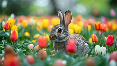 cute little bunny easter with tulip garden background