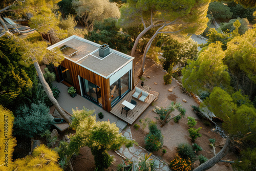 high view of a modern tiny house in beautiful mediterranian garden