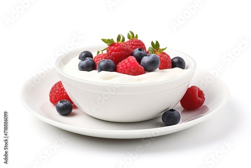 a bowl of yoghurt topped with fresh blueberries and strawberries next to it in the photo on a white background. generative AI