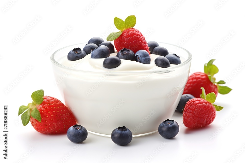 A bowl of yogurt topped with fresh strawberries and blueberries. generative AI A bowl of yogurt topped with fresh strawberries and blueberries. generative AI