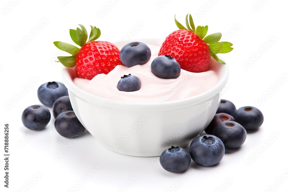 a bowl of yoghurt topped with fresh blueberries and strawberries next to it in the photo on a white background. generative AI a bowl of yoghurt topped with fresh blueberries and strawberries next to it in the photo on a white background. generative AI