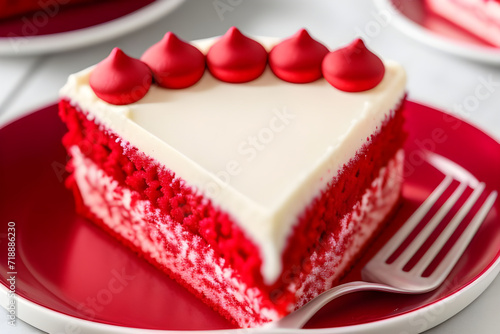 A slice of red velvet cake with cream cheese frosting