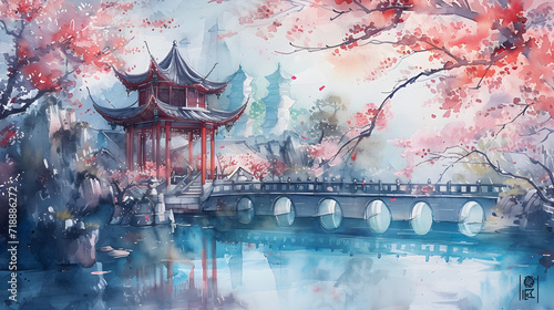 A serene watercolor painting of a traditional Chinese garden