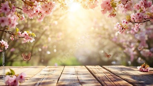 Spring background with empty wooden table. Natural template for product display with cherry blossoms bokeh and sunlight.