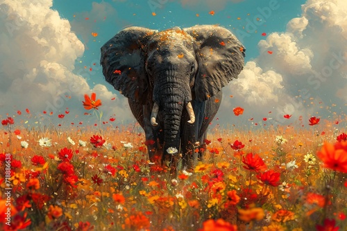 Flower Power: A Vibrant Elephant in a Field of Wildflowers Generative AI