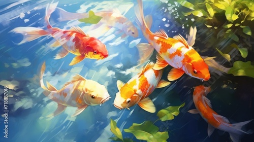 Painting of a group of koi fish with blue clear water and underwater pebbles, bright background color, sunlight background.